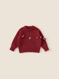 Festive red knit sweater for kids featuring 3D Christmas deer and snowman appliques