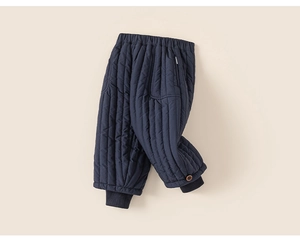 Detailed view of kids navy quilted pants featuring warm lining and wooden button detail