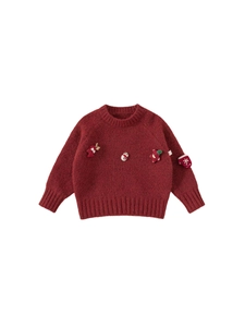 Pull en maille rouge festif pour enfants avec broderie et texture douillette