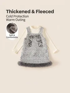 Mädchen Chanel-Stil Zweiteiliges Set Pailletten Ärmelloses Latzkleid Und Langarm Rollkragenoberteil Winter Verdickte Kinderbekleidung