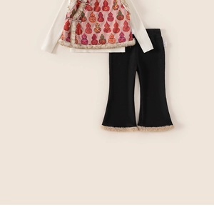 Detailed view of girls' Chinese style three-piece set with pink vest and black pants