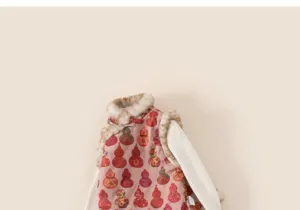 Detail view of pink Chinese style kids vest with gourd print and faux fur trim finish