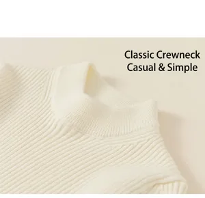 Detail of soft ribbed knit sweater with a classic round neckline for children