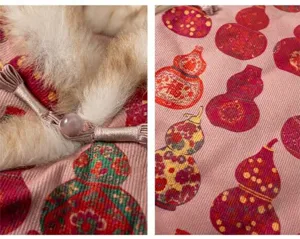 Detail of pink corduroy girls' vest with fur collar, floral gourd prints and frog closure