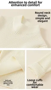 Detailed views of cream knit sweater showing crew neck, ribbed cuffs and soft fabric texture