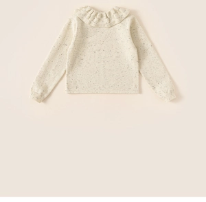 Close-up of cream knit sweater showing ruffled lace collar and soft speckled texture