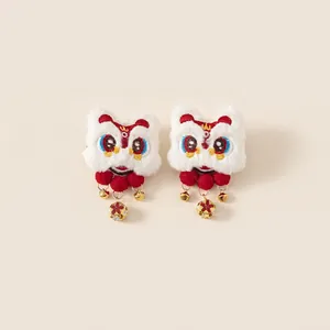 Barrettes à cheveux lion chinois traditionnel en peluche rouge avec cloches et pompons