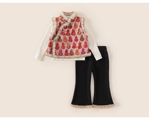 Detailed view of girls Chinese style floral quilted vest with fur collar and bell bottoms
