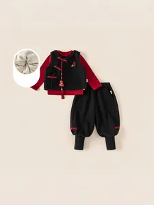 Children's Chinese Style New Year 3-Piece Outfit Set Red Padded Top Black Fleece Vest Trousers For Boys Girls Ethnic Clothing
