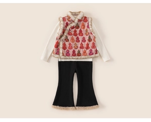 Detail of Chinese New Year girls' outfit with floral vest, white shirt, and wide pants