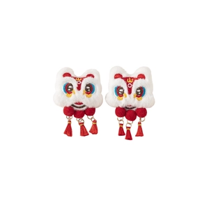 Paire de barrettes Lion de Danse Chinois en fausse fourrure blanche avec glands rouges
