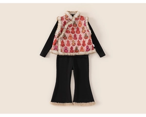 Detailed view of Chinese style pink vest with faux fur collar and traditional frog button