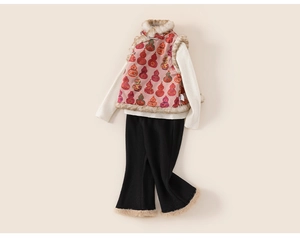 Detail of girls' 3-piece winter set with faux fur trim vest and flared trousers