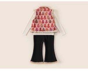 Detailed back view of a 3-piece girls' Chinese New Year set with floral vest and trousers