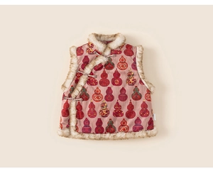Close-up of pink corduroy vest with traditional Chinese knots and plush faux fur trim