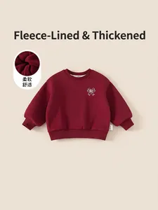 Sweat-shirt Doublé de Polaire pour Enfants Rouge Vin Motif Nœud Chaud Hiver Haut Pullover Manches Longues pour Garçons Filles Vêtements Décontractés