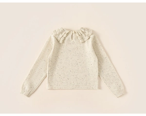 Close-up of girls winter thermal knit sweater featuring a ruffled wavy collar design