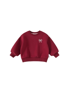 Sweat-shirt enfant rouge foncé avec broderie nœud blanc et doublure polaire chaude