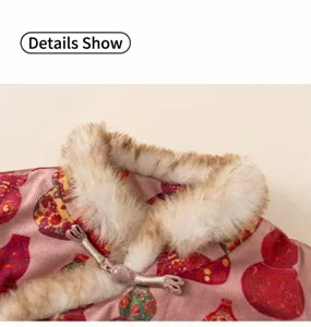 Close-up of pink Chinese-style top with fur collar, floral patterns, and knot buckle