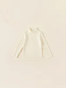 Classic cream rib-knit turtleneck sweater for girls, minimalist winter base layer