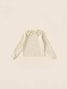 Cream speckled knit shirt for girls with ruffled Peter Pan collar and long sleeves