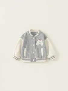 Veste baseball enfant avec corps gris, manches blanches et broderie chiot mignonne