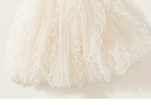 Detailed view of layered beige mesh tulle fabric on a sleeveless princess cake dress