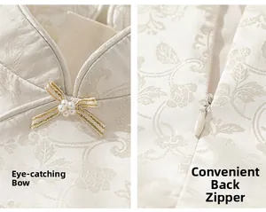 Detail of girls' cream mesh dress featuring pearl bow collar and convenient back zipper