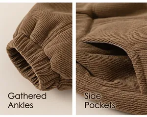 Detail of dark brown ribbed knit fabric showing elastic cuffs and functional side pockets
