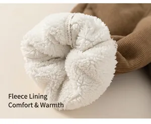 Detail of brown corduroy fabric with thick white sherpa fleece lining for warmth