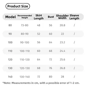 Detailed size guide for girls sleeveless mesh cake dress with length and chest measurements