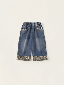 Jean Denim Patchwork Léopard Fille Mode Style Coréen Taille Élastique Jambe Large Pantalon Mélange Coton pour Enfants