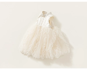 Close-up of traditional Chinese knot buttons and jacquard texture on girls' tulle dress