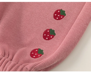 Nahaufnahme der Erdbeer-Stickerei und Rippbündchen an der rosa Strickhose