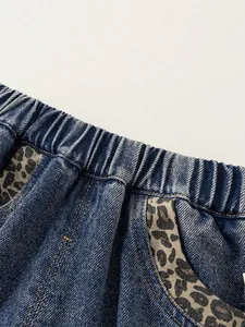 Pantalon large en jean pour filles avec patchwork léopard et taille élastique ajustable
