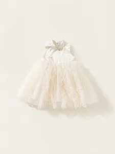 Girls Chinese Style Mesh Tiered Dress Sleeveless Jacquard Princess Cake Dress For Child Party Ceremony Cream White