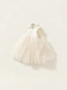 Elegant sleeveless ivory girls dress with floral jacquard bodice and layered tulle skirt