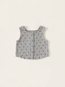 Gilet Sans Manches Doux pour Filles Imprimé Nœud Papillon Tricot Côtelé Simple Boutonnage Bordure Volantée Printemps Gris Chiné
