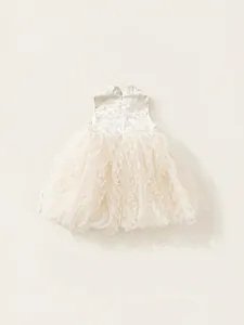 Elegant sleeveless cream tulle cake dress for baby girls featuring floral jacquard bodice