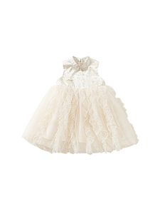 Elegant sleeveless white girls princess dress with jacquard bodice and layered tulle skirt
