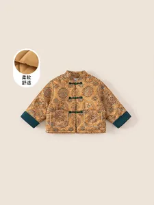 Kids Chinese New Year quilted jacket with gold floral pattern and traditional frog buttons