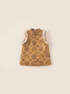 Kids Chinese style yellow vest with gold floral patterns and faux fur trim