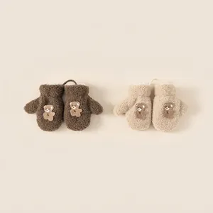 Winter plush baby mittens with bear embroidery and anti-lost strings in brown and cream