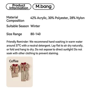 Size guide for girls brown knitted bear set with material specs and washing care
