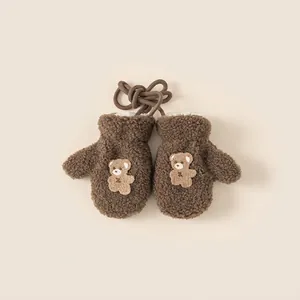 Winter plush baby mittens with bear embroidery and anti-lost neck string in warm brown