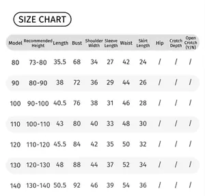 Size chart for girls knitted cardigan and skirt set showing measurements from 80 to 140