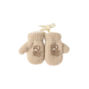 Warm fleece winter mittens for toddlers with cute brown bear patch and hanging string