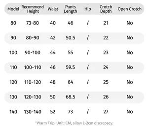 Detailed size chart for girls' knitted pants including waist and length measurements