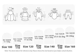Detailed size chart for kids' cartoon t-shirts with measurements for height and weight