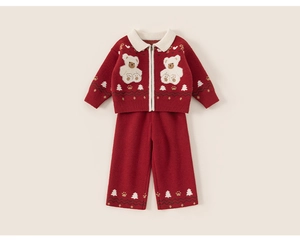 Close-up of red knit set featuring teddy bear embroidery and festive Christmas trees